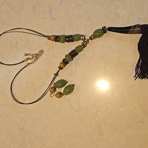 Chico's Green and Brown Beaded Necklace with Tassel